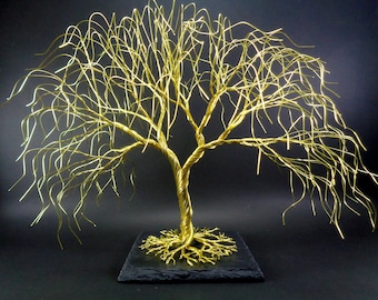 Brass Weeping Willow Wire Tree, Wire Bonsai Tree, Anniversary Gift, Wire Sculpture Art, Best Friend Gift,Room Shelf Mantel Decor