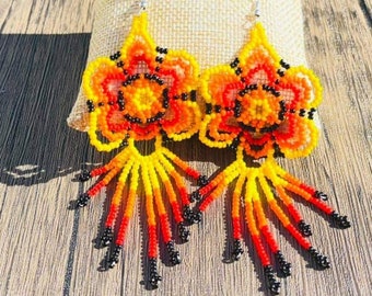 Mexican Huichol Earrings, Flower Earrings, Handmade Earrings, Beaded Flowers, Jewelry, Mexican Flower, Mexican Ethic, Huichol Style, Mexican