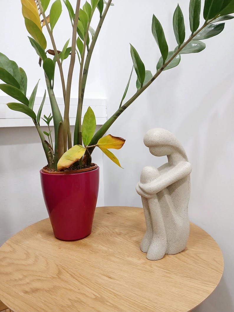 May include: A Zamioculcas zamiifolia plant in a magenta pot and a beige stone sculpture of a person sitting with their knees to their chest on a wooden table. The plant has green leaves and stems.