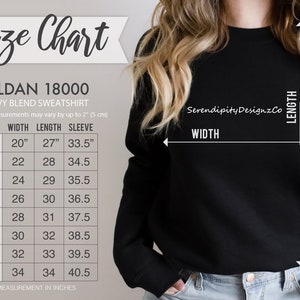May include: Size chart for Gildan 18000 heavy blend sweatshirt. The chart shows measurements in inches for width, length, and sleeve length for sizes S through 5XL.