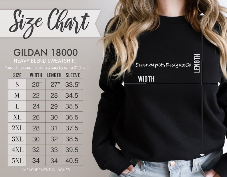 May include: Size chart for Gildan 18000 heavy blend sweatshirt. The chart shows measurements in inches for width, length, and sleeve length for sizes S through 5XL.
