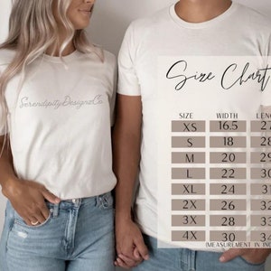 May include: A white short-sleeved t-shirt with the text SerendipityDesignzCo printed on the chest. Next to the shirt is a size chart displaying measurements in inches for sizes XS through 4X, listing width and length for each size category.