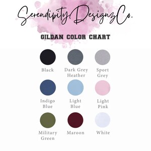 May include: Color chart for Gildan apparel showing 10 different colors: black, dark grey heather, sport grey, indigo blue, light blue, light pink, military green, maroon, and white.