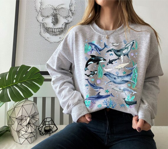 Watercolor Whale Sweatshirt 90s Clothing Trendy Ocean 