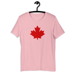 Puede incluir: Una camiseta de manga corta de color rosa claro con un gr&aacute;fico de hoja de arce roja s&oacute;lida centrado en el pecho. La prenda se muestra en una percha de pl&aacute;stico negra, con un cuello redondo y un dise&ntilde;o de dobladillo recto est&aacute;ndar.