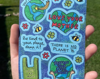 Earth Day Inspired Water-Resistant Sticker Sheet, Mother Nature Illustrated Matte Vinyl Decals, "Our Beautiful Home"