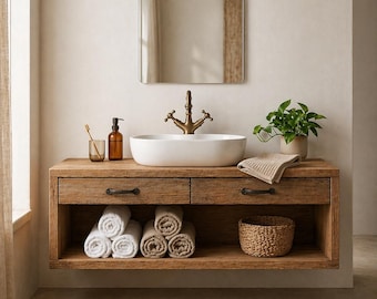 Solid Wood Floating Bathroom Vanity – Reclaimed Rustic Farmhouse Console