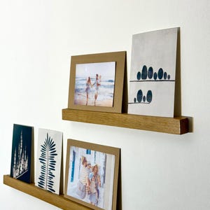 Wooden Photo Ledge Shelf – Minimal Wall Mounted Display for Art Prints, Vinyl Covers, Family Pictures – Custom Size & Finish Options