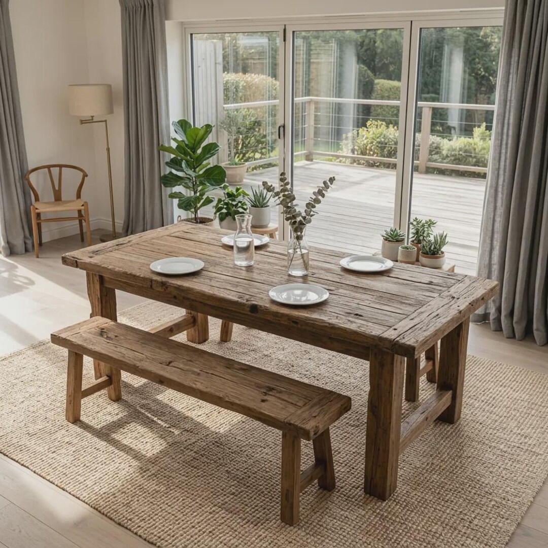 Reclaimed Wood Farmhouse Dining Table Set With Benches – Rustic Solid ...