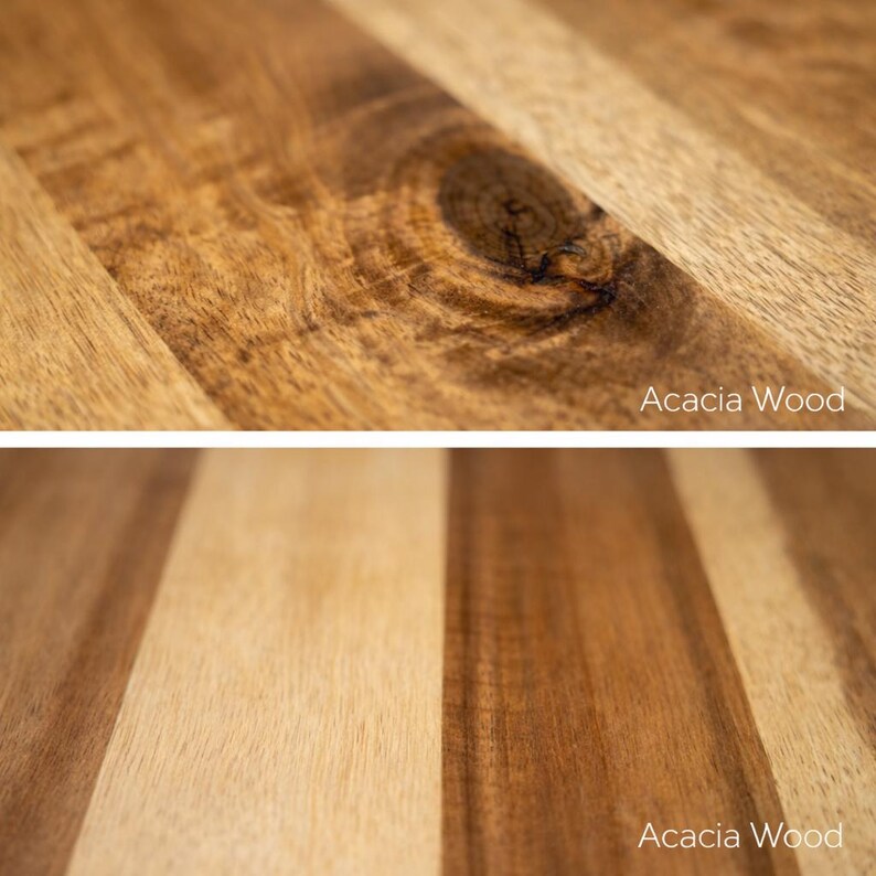 May include: A split-view image showing two close-up textures of acacia wood. The top section displays a prominent dark wood grain knot, while the bottom section features alternating light and dark vertical wood grain stripes. Both sections are labeled Acacia Wood.
