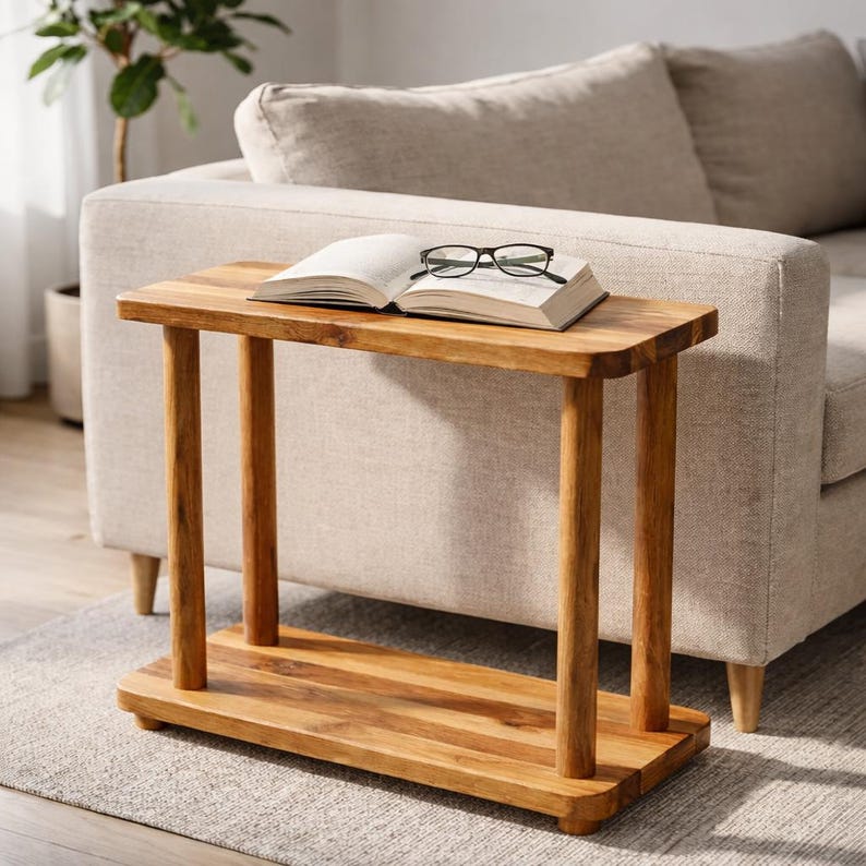 May include: A rectangular wooden side table with a natural grain finish, featuring four cylindrical legs and a lower shelf. An open book with white pages and a pair of black-rimmed reading glasses are resting on the flat top surface of the table.