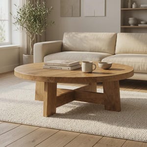 Runt soffbord i återvunnen ek – Handgjort rustik design i Japandi
