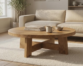 Runder Couchtisch aus recycelter Eiche – Handgefertigt im rustikalen Japandi-Stil