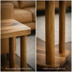 May include: A side table constructed from solid acacia wood, featuring a rectangular top with rounded corners and cylindrical legs. The wood displays a natural grain pattern with warm brown tones. Text on the image reads: Acacia grain, naturally unique. Solid acacia, built to last.