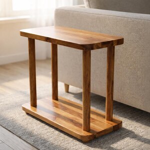 May include: A rectangular side table crafted from natural wood with a visible grain pattern. The table features a smooth, flat top surface supported by four cylindrical legs that connect to a matching rectangular base shelf at the bottom.