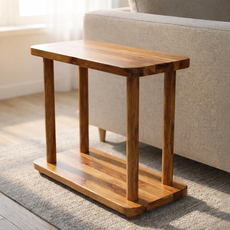 May include: A rectangular side table crafted from natural wood with a visible grain pattern. The table features a smooth, flat top surface supported by four cylindrical legs that connect to a matching rectangular base shelf at the bottom.