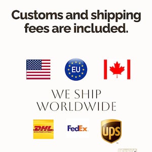 May include: Image with text stating "Customs and shipping fees are included." and "WE SHIP WORLDWIDE." Includes flags of the USA, EU, and Canada, along with DHL, FedEx, and UPS logos.