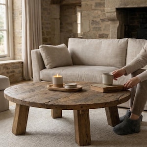 Mesa de centro redonda de roble recuperado: muebles rústicos de estilo wabi sabi para sala de estar. imagen 4
