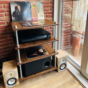 収納付きレコードプレーヤースタンド - 棚とキャスター付き工業用ターンテーブルテーブル - ビニールレコードホルダー付きメディアコンソールカート、お父さんへのギフト