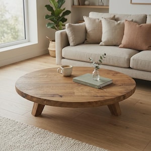 Peut inclure: Une table basse ronde en bois avec une finition naturelle. La table a trois pieds inclinés et est entourée d'un canapé beige avec des coussins, une tasse, un livre et un vase. La table mesure environ 91 cm de diamètre.