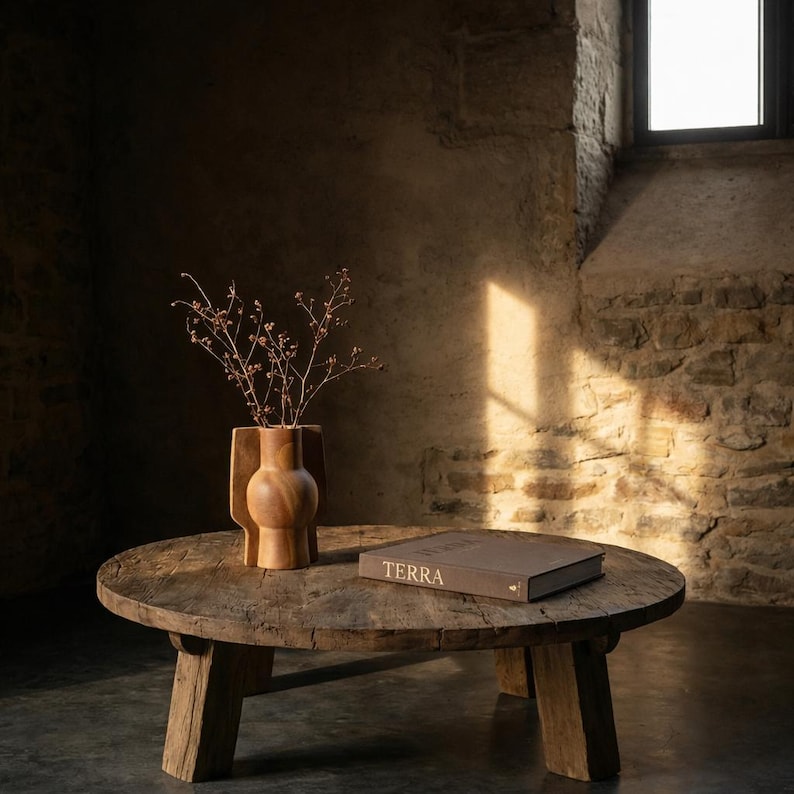 Puede incluir: Un jarr&oacute;n de madera con un dise&ntilde;o geom&eacute;trico &uacute;nico contiene ramas secas, colocado sobre una mesa de centro redonda de madera r&uacute;stica. Un libro titulado "TERRA" descansa sobre la mesa. La escena est&aacute; ambientada en una habitaci&oacute;n con paredes de piedra y una ventana.