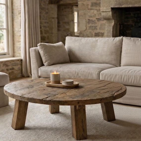 Reclaimed Oak Round Coffee Table – Rustic Farmhouse Wabi Sabi Living Room Furniture