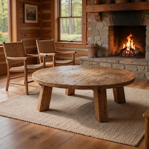 Mesa de centro redonda de roble recuperado: muebles rústicos de estilo wabi sabi para sala de estar. imagen 6