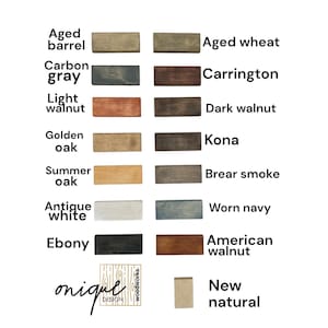 May include: A color chart featuring wooden samples in various shades, including Aged Barrel, Carbon Gray, Light Walnut, and Golden Oak. The chart also displays the names of the colors, such as Aged Wheat, Carrington, and Dark Walnut. The logo for Unique Design Woodworks is at the bottom.
