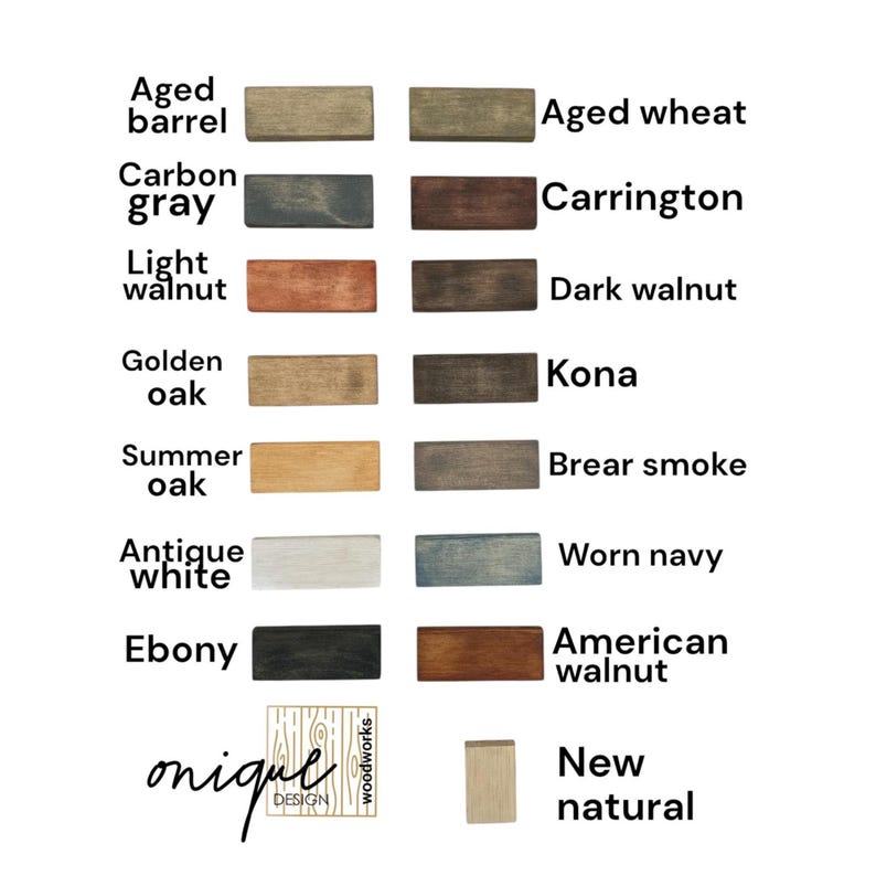 May include: A color chart featuring wooden samples in various shades, including Aged Barrel, Carbon Gray, Light Walnut, and Golden Oak. The chart also displays the names of the colors, such as Aged Wheat, Carrington, and Dark Walnut. The logo for Unique Design Woodworks is at the bottom.