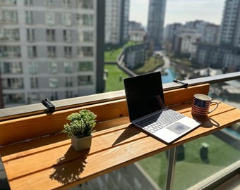 Solid Oak  Foldable Balcony Table: Weatherproof Hanging Desk, Space-Saving Design
