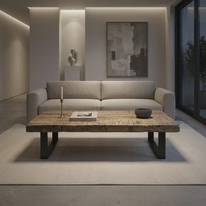 May include: A modern living room with a light-coloured sofa, a reclaimed wood coffee table with black metal legs, and a grey bowl. A candle holder and a framed picture are on the table. A neutral rug and abstract art complete the interior.