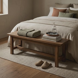 May include: A wooden bench with a slatted top holds a folded green blanket, books, and a tray with a glass carafe and a drinking glass. The bench sits on a neutral-colored rug in front of a bed with neutral-colored bedding.