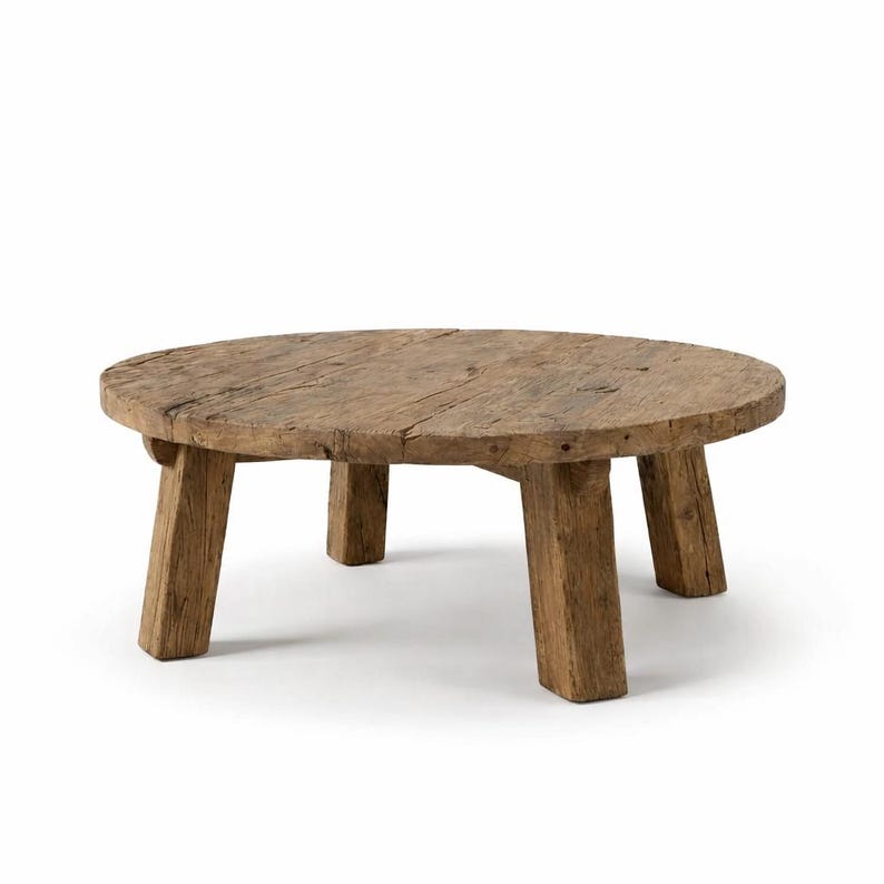 Mesa de centro redonda de roble recuperado: muebles rústicos de estilo wabi sabi para sala de estar. imagen 5