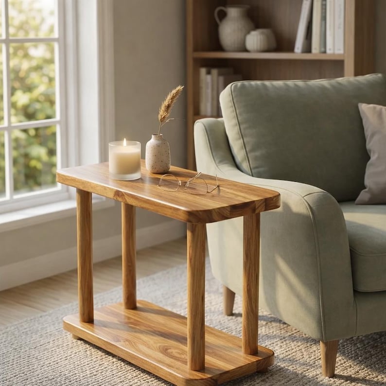 May include: A rectangular wooden side table with rounded corners, featuring four cylindrical legs and a lower shelf. On the tabletop sits a white candle in a glass jar, a small speckled ceramic vase with a dried plant stem, and metal eyeglasses.