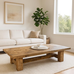 May include: A rustic, rectangular wooden coffee table with a natural finish. The table is supported by thick, square legs and sits on a cream-colored rug. A white sofa and a framed artwork are in the background, creating a cozy living room setting.