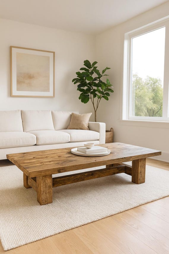 Vintage Massivholz Couchtisch - Rustikale Japandi Bauernhaus Herzstück Möbel