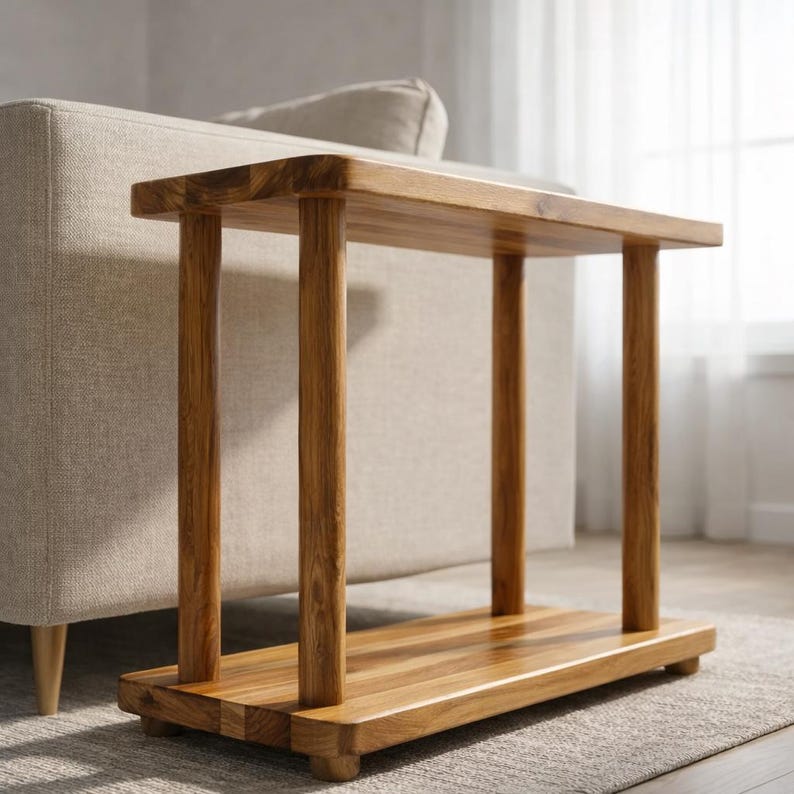 May include: A rectangular side table constructed from natural wood with a visible grain pattern. The table features a flat top surface supported by four cylindrical legs and a matching rectangular base shelf, all finished in a warm brown tone.
