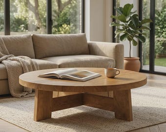 Handmade Reclaimed Oak Round Coffee Table – Japandi Rustic Living Room Furniture