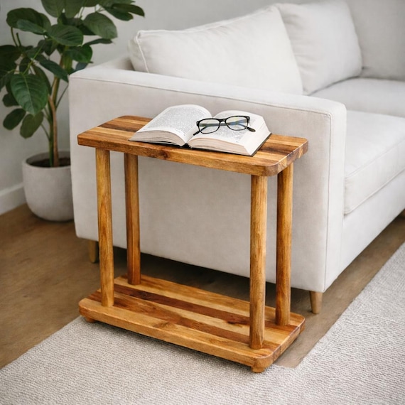 Solid Acacia Wood Side Table – Minimalist Narrow End Table for Sofa