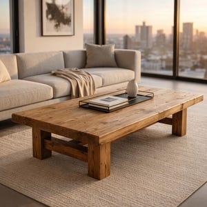 Puede incluir: Una mesa de centro rectangular de madera maciza con acabado natural. La mesa tiene patas gruesas y una viga de soporte inferior. Una bandeja de metal negro con un libro y un jarrón blanco encima. Un sofá y una alfombra beiges están en el fondo.