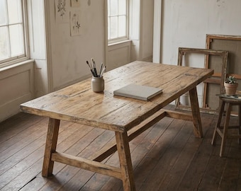 Solid Oak Farmhouse Dining Table – Rustic Reclaimed Wood Console Entryway Bench