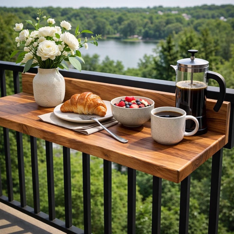May include: A wooden balcony table set with a breakfast of a croissant, fruit, and coffee. A white vase with white flowers sits on the table. A French press coffee maker and a speckled mug are also on the table. The background shows a lake and trees.