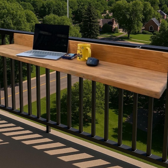 Solid Oak  Foldable Balcony Table: Weatherproof Hanging Desk, Space-Saving Design