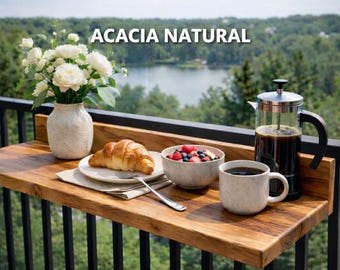 Tavolo pieghevole da balcone in legno di acacia – Scrivania con ringhiera sospesa resistente alle intemperie (spazio di lavoro all'aperto)
