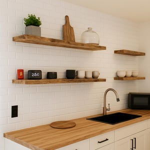 Wood Floating Shelves for Kitchen Decor - Rustic Shelf Wall Shelves Large Floating Open Shelving Farmhouse, Custom Shelves