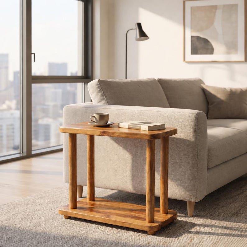 May include: A rectangular wooden side table with a smooth top surface, four cylindrical legs, and a lower shelf. The table is crafted from light brown wood with a visible grain pattern and features rounded corners on both the top and bottom tiers.