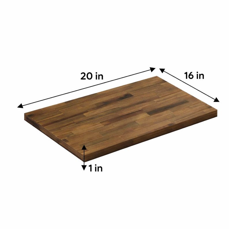 May include: A rectangular wooden chopping board with a butcher block pattern featuring varied brown wood tones. The board is labelled with dimensions of 50.8 cm in length, 40.64 cm in width, and a thickness of 2.54 cm, indicated by arrows.
