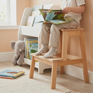 Solid Beech Wood 2-Step Stool – Natural Kitchen Helper Ladder