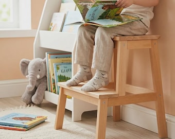 Solid Beech Wood 2-Step Stool – Natural Kitchen Helper Ladder