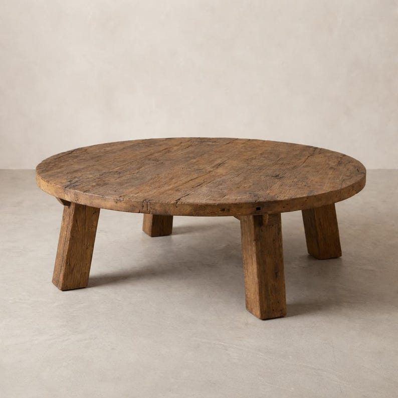 Mesa de centro redonda de roble recuperado: muebles rústicos de estilo wabi sabi para sala de estar. imagen 3